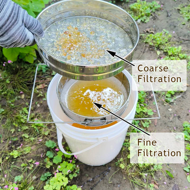 Honey Strainer. Double Sieve Honey Coarse And Fine Filter, SS Honey Extraction Tools Double Layers Adjustable Arms Bee Sieve