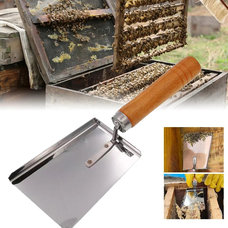 Beekeeping Shovel Bee Honey Cleaning Stainless Steel Honey Scraper Cleaner Tools For Beekeeper Supplies Wooden Handle