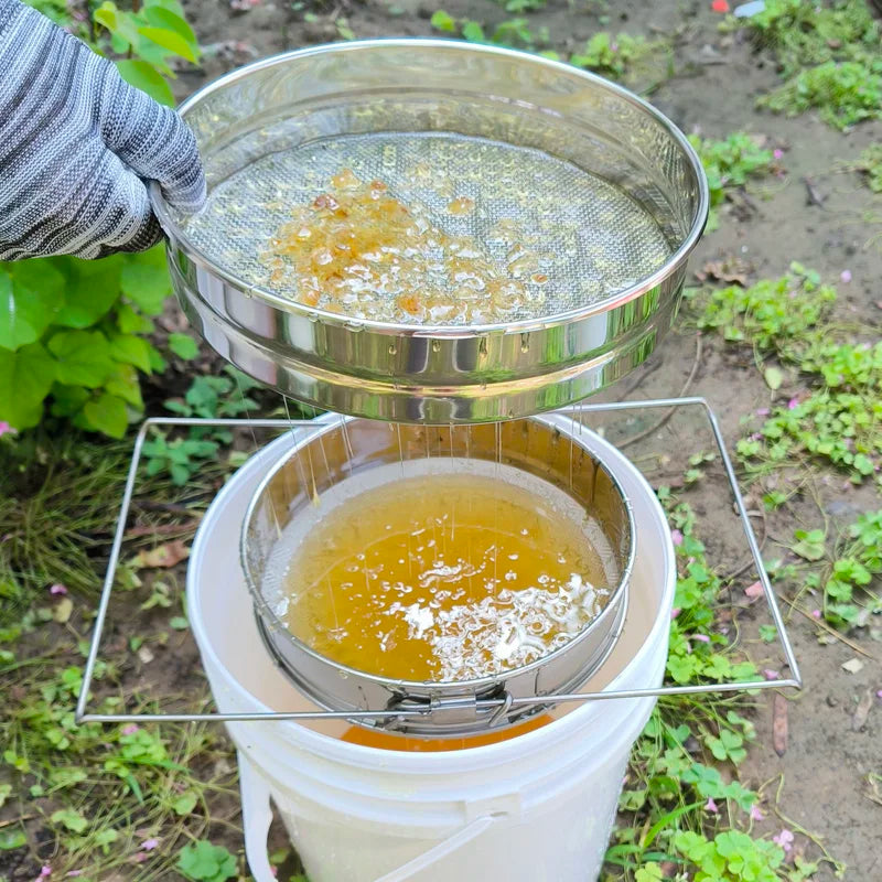 Honey Strainer. Double Sieve Honey Coarse And Fine Filter, SS Honey Extraction Tools Double Layers Adjustable Arms Bee Sieve