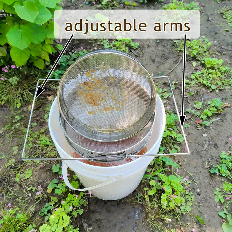 Honey Strainer. Double Sieve Honey Coarse And Fine Filter, SS Honey Extraction Tools Double Layers Adjustable Arms Bee Sieve
